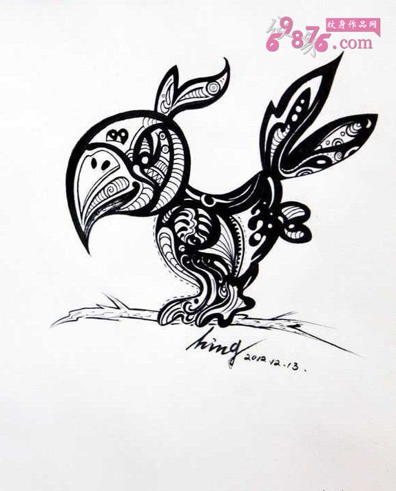 创意鸟黑白纹身手稿图片