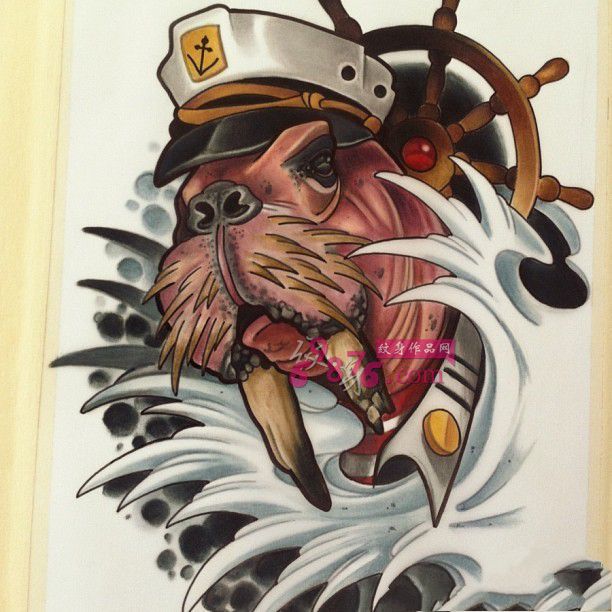 可爱船长海狮纹身手稿图片