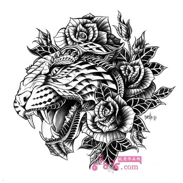 黑白老虎插画纹身手稿图片