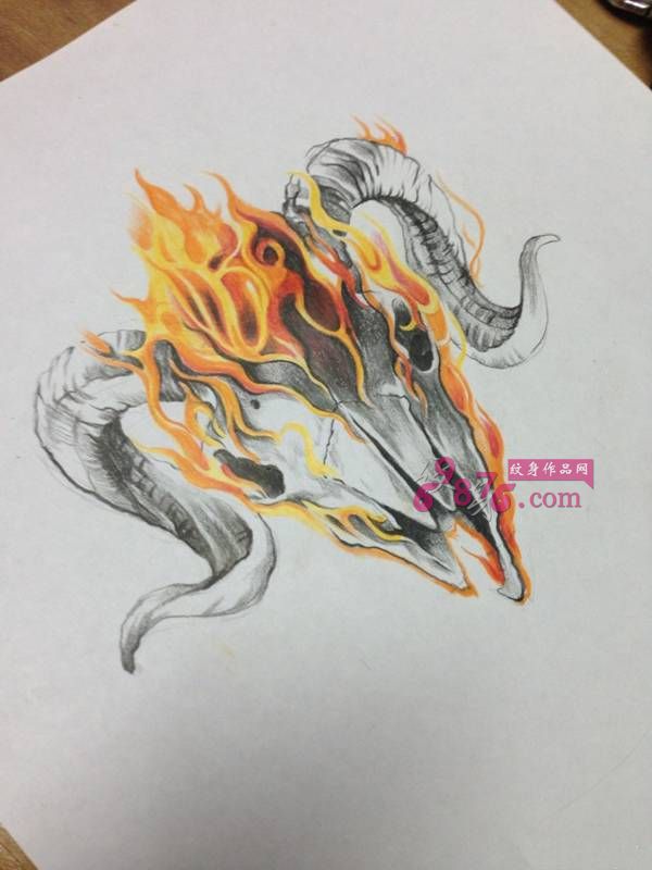 火焰羊角纹身手稿图片