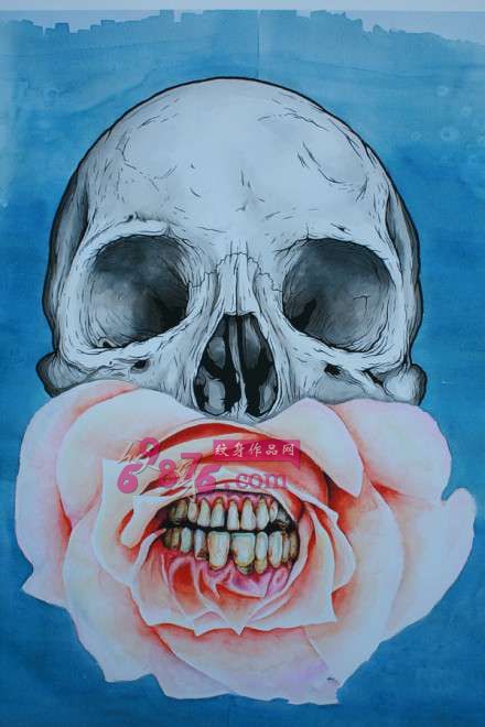 玫瑰嘴骷髅纹身手稿图片