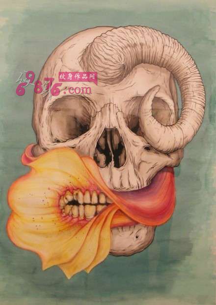 羊角花嘴骷髅纹身手稿图片