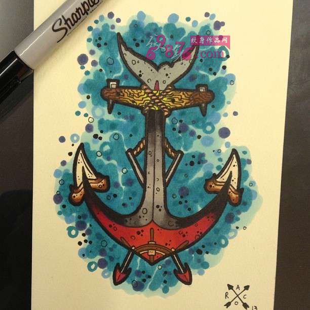 创意彩色小船锚纹身手稿图片