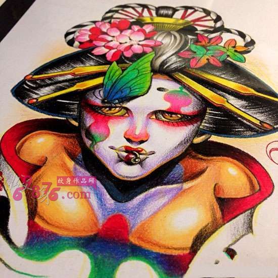 创意复古彩色艺妓纹身手稿图片