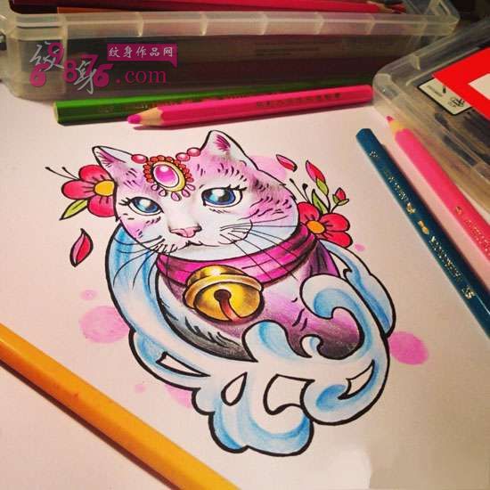 彩色招桃花猫咪纹身手稿图片