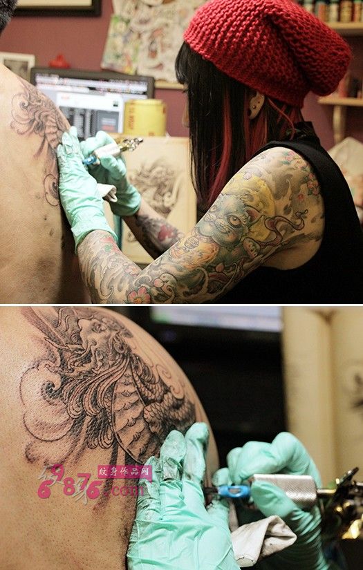 传统麒麟后肩纹身现场
