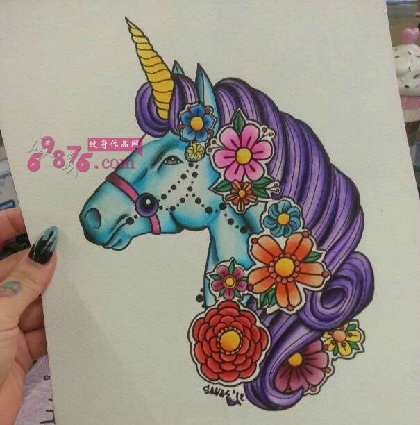 搞怪彩色独角兽纹身手稿图片