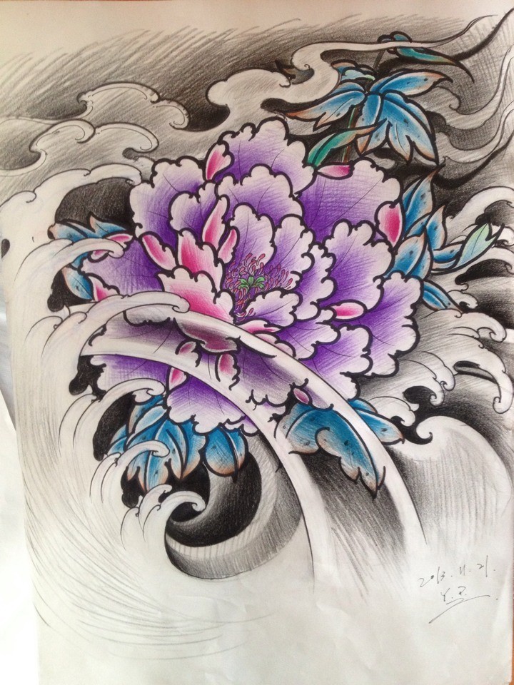 传统牡丹纹身手稿图片