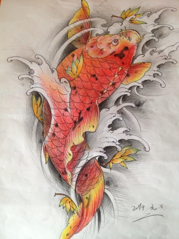传统莲花鲤鱼纹身手稿图片