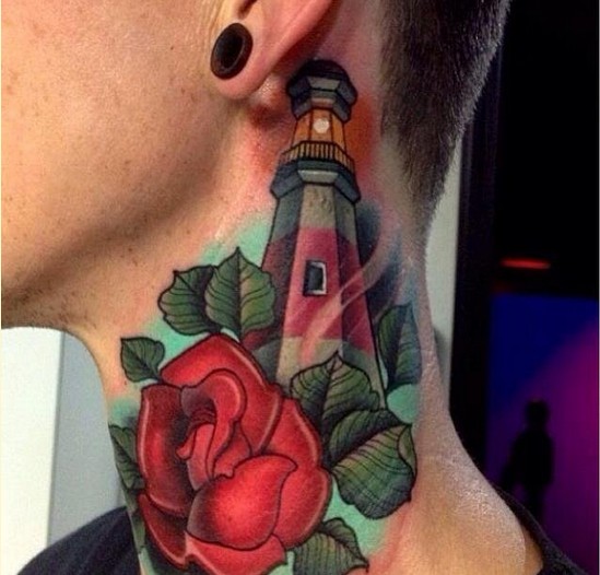 推荐一款美女脖子牡丹花灯塔纹身图案图片