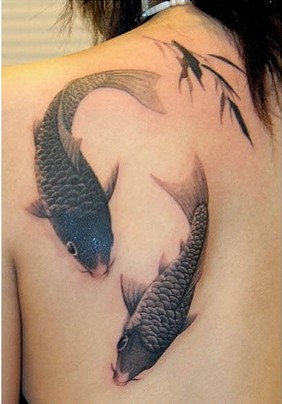 性感女生后背锦鲤鱼纹身图图片