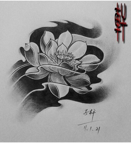 唯美黑白莲花纹身手稿图图片
