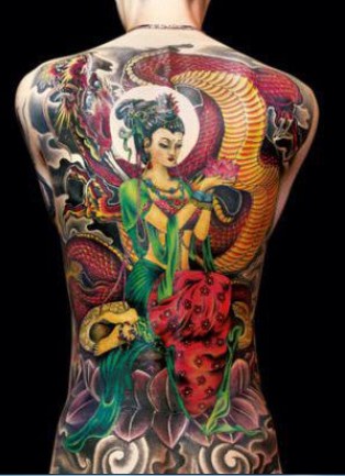 美女背后宗教观音飞龙纹身图图片
