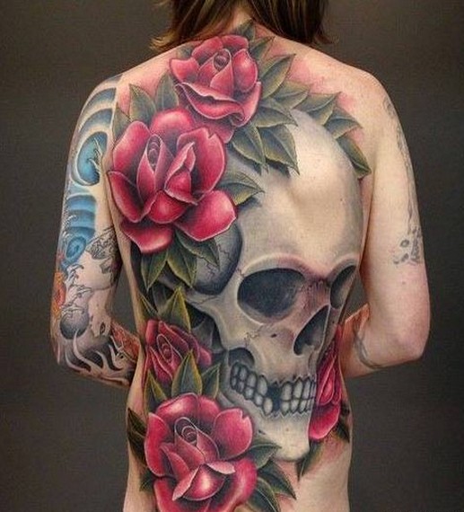满背彩色骷髅头玫瑰花纹身图案图片