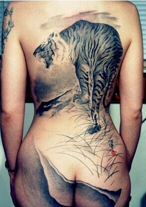 女生后背中国传统国画上山虎纹身图