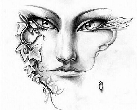 非常感伤的黑白精灵纹身图