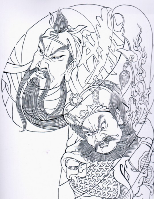 三国人物之半胛关公张飞纹身手稿图案图片