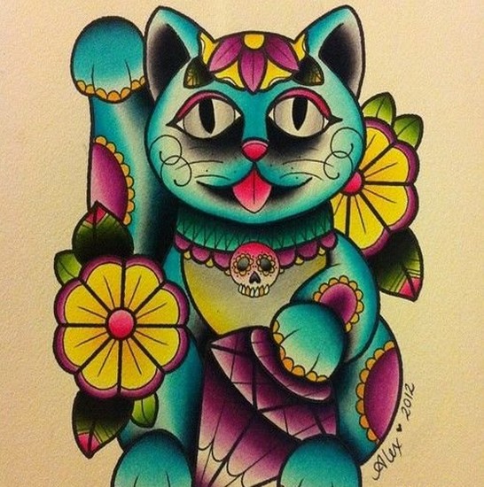彩色招财猫纹身图案图片
