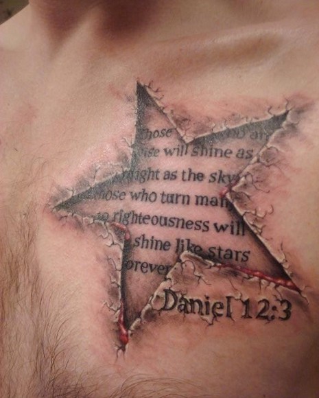 胸口烙印五角星英文字母纹身图片