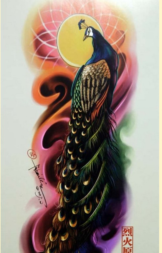 推荐一款彩色孔雀纹身图案图片