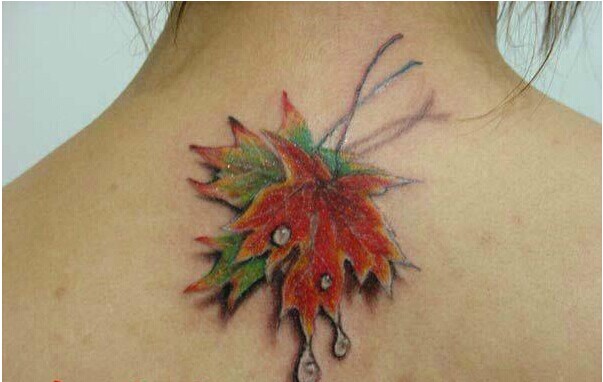 女生脖子唯美好看带露水的枫叶纹身图片