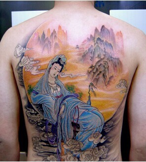 男生后背观音菩萨宗教纹身图案图片