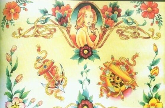 漂亮好看的彩色金鱼与菊花纹身手稿图片