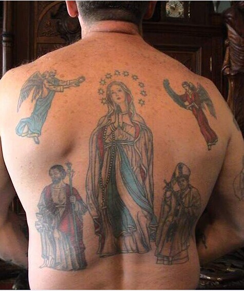 男生后背圣母玛利亚宗教纹身图图片