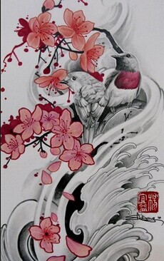 唯美好看的樱花小鸟纹身手稿图图片