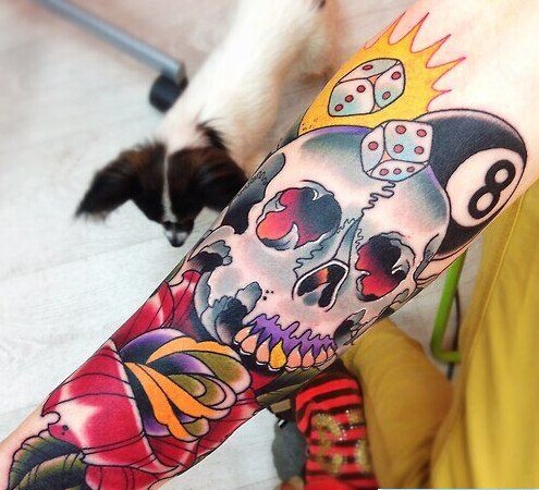 手臂彩色玫瑰花骷髅头纹身手稿图案图片