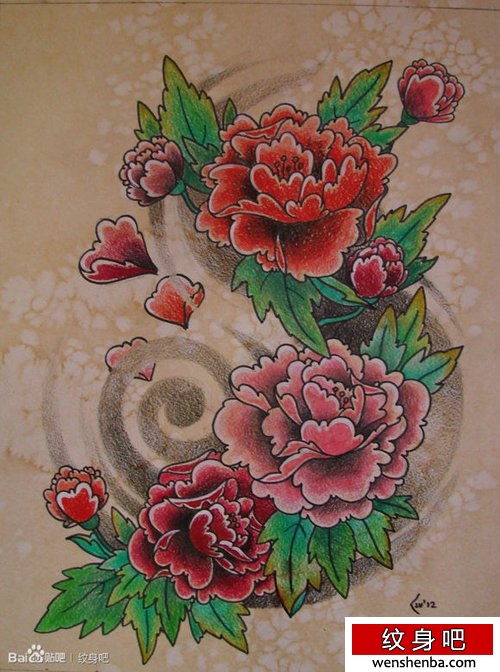 传统彩色牡丹纹身图案手稿图片