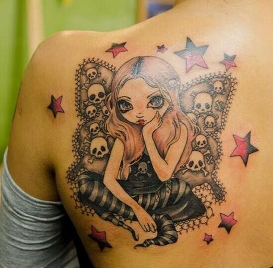 背部蝴蝶精灵纹身图案图片