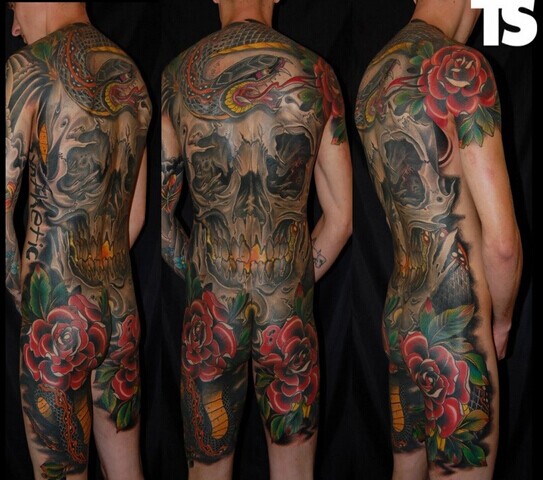 满背经典大气蛇般若纹身图案图片