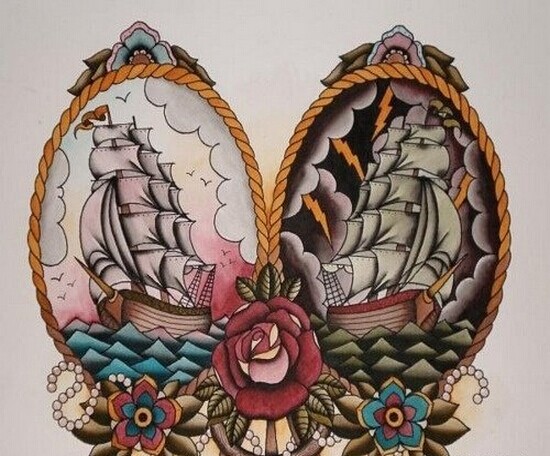 school风格的帆船纹身图案图片