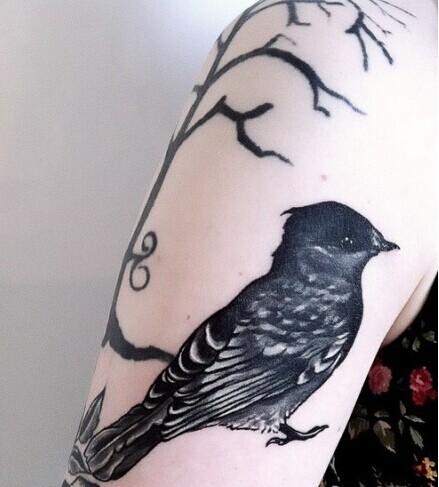 手臂经典漂亮黑白小鸟树枝纹身图案