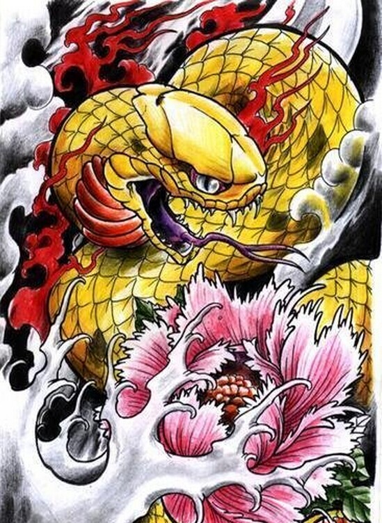 一款蛇牡丹纹身手稿图案推荐图片