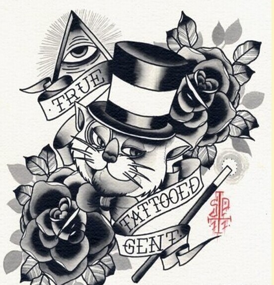 推荐一款猫玫瑰线稿纹身图案图片