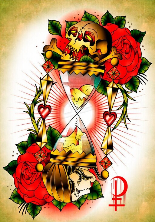 彩色骷髅沙漏纹身手稿图案图片