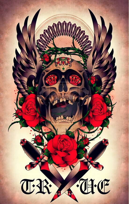 个性的骷髅玫瑰匕首纹身手稿图案图片