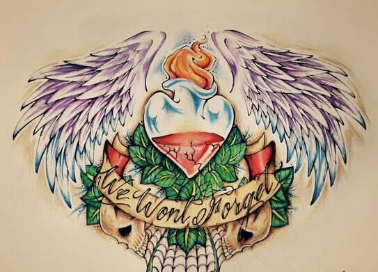 翅膀爱心纹身手稿图案图片