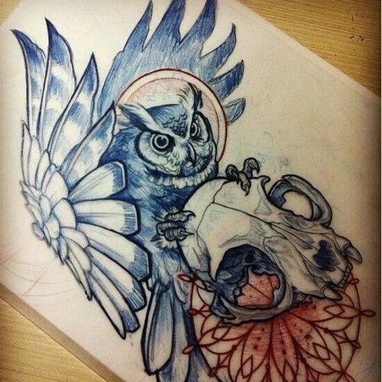 猫头鹰骷髅纹身手稿图案推荐图片