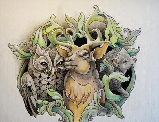 鹿猫头鹰纹身手稿图案图片