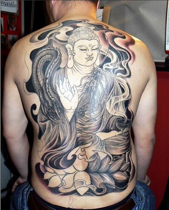男生背部经典如来莲花好看宗教纹身图图片