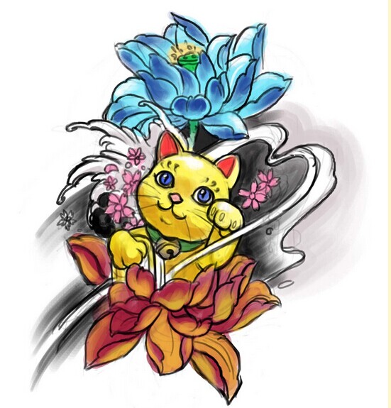 一款招财猫莲花纹身图案图片