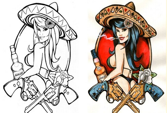 女郎手枪纹身手稿图案图片