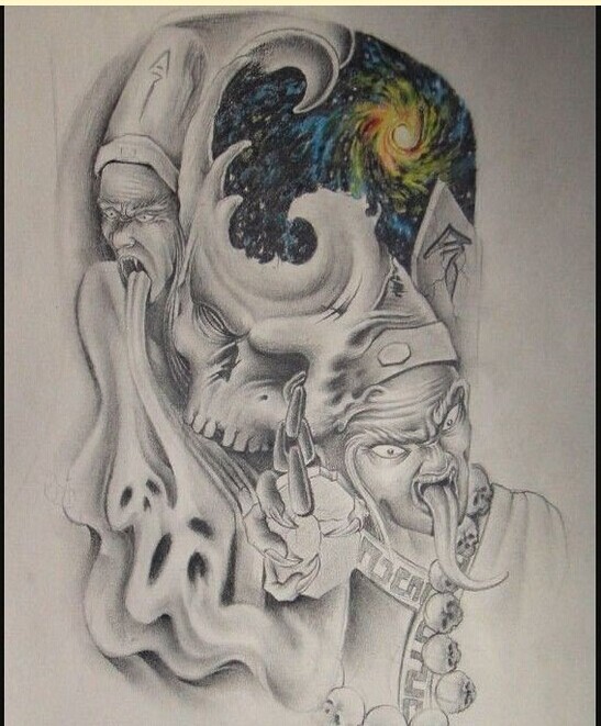 霸气黑白无常纹身手稿图案图片
