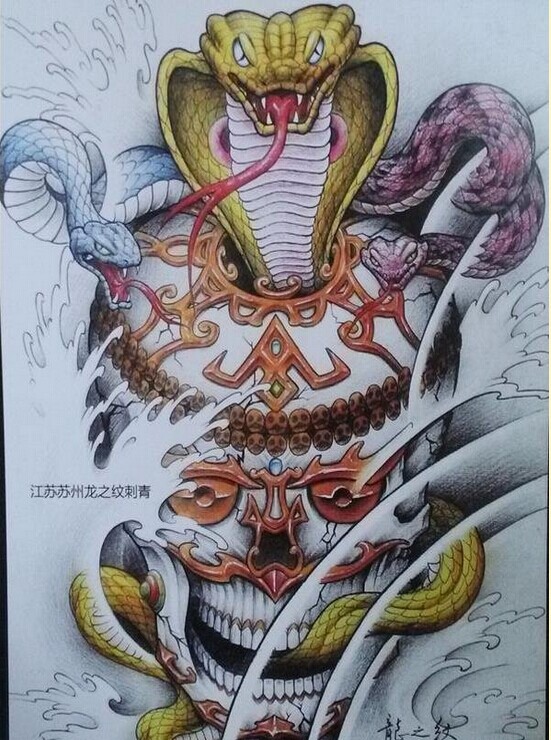 一款传统嘎巴拉蛇纹身手稿图案图片