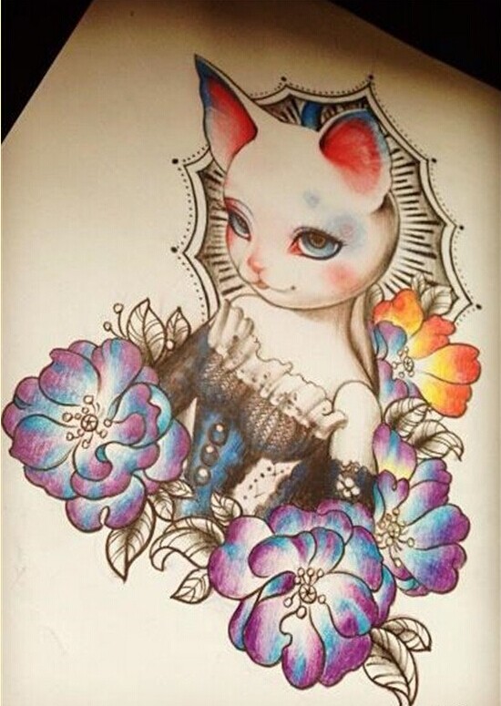 一款漂亮猫咪纹身手稿图案推荐图片