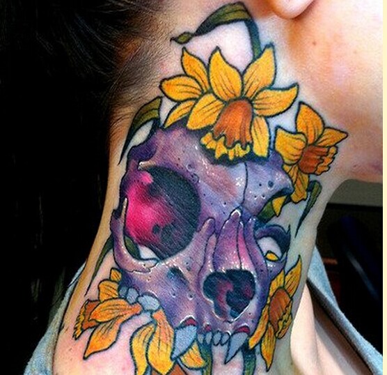 个性颈部欧美骷髅纹身图案欣赏图片