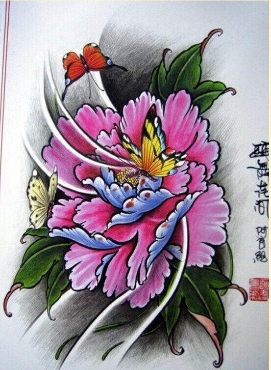 漂亮牡丹纹身手稿图案欣赏图片